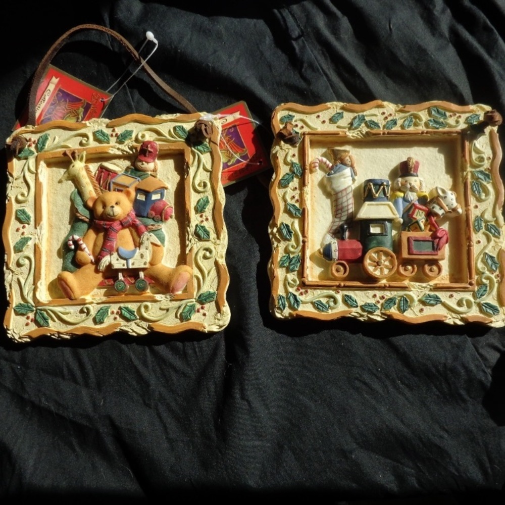 2 Vintage Hanging holiday Christmas toy themed decor approx 5 1/4 in x 5 1/4 in